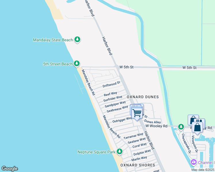 map of restaurants, bars, coffee shops, grocery stores, and more near 5346 Driftwood Street in Oxnard