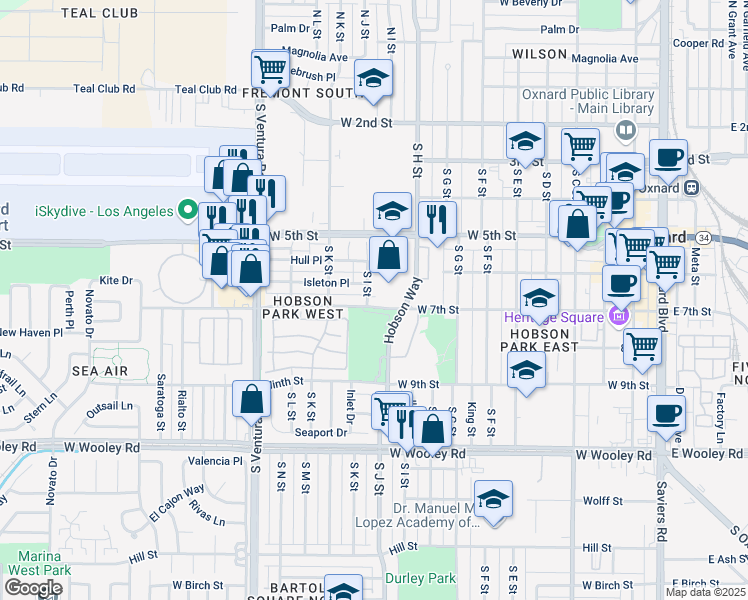 map of restaurants, bars, coffee shops, grocery stores, and more near 640 South I Street in Oxnard
