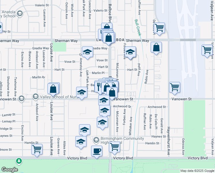 map of restaurants, bars, coffee shops, grocery stores, and more near 16900 Bassett Street in Los Angeles