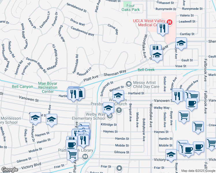 map of restaurants, bars, coffee shops, grocery stores, and more near 23388 Schoolcraft Street in Los Angeles