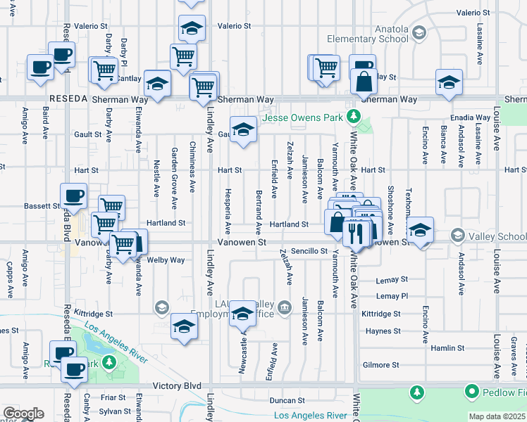 map of restaurants, bars, coffee shops, grocery stores, and more near 6850 Bertrand Avenue in Los Angeles