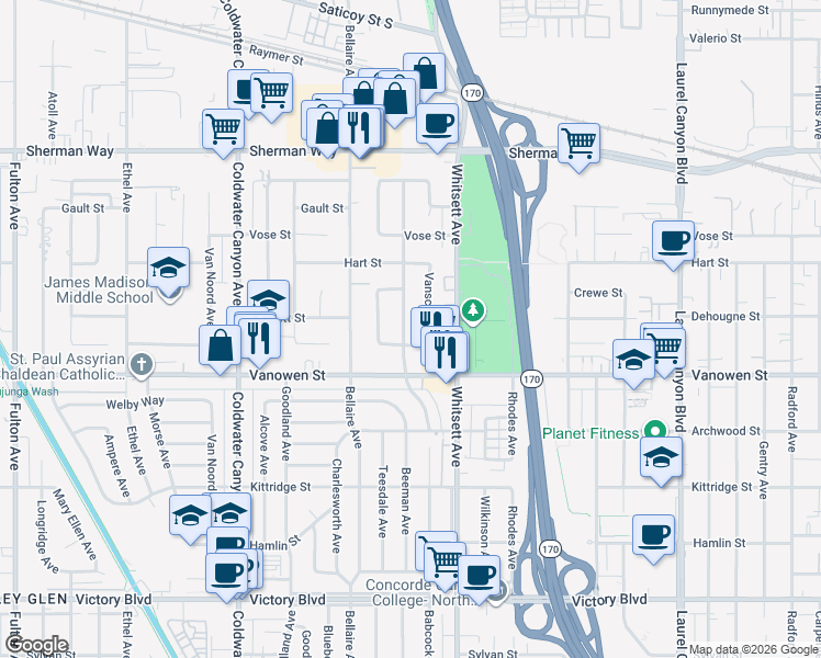 map of restaurants, bars, coffee shops, grocery stores, and more near 6854 Babcock Avenue in Los Angeles