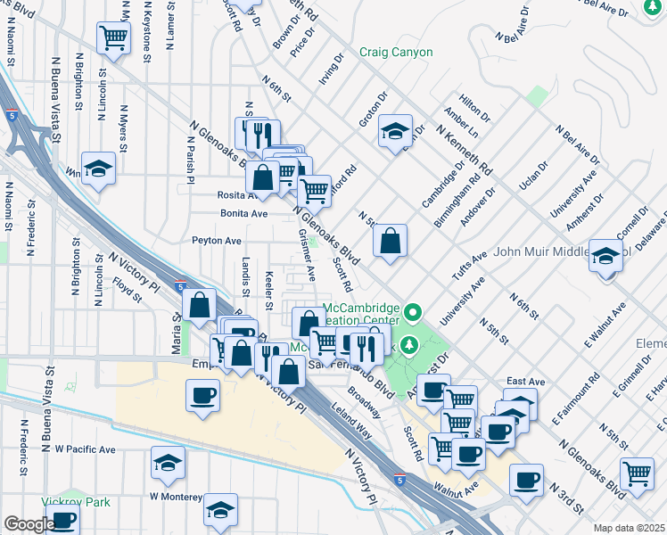 map of restaurants, bars, coffee shops, grocery stores, and more near 1825 Scott Road in Burbank