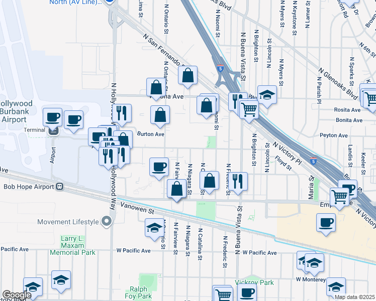 map of restaurants, bars, coffee shops, grocery stores, and more near 2906 Thornton Avenue in Burbank