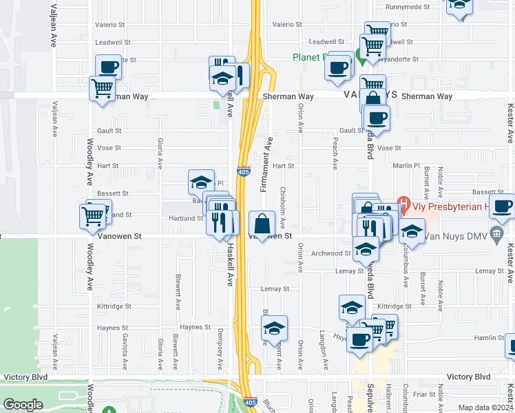 map of restaurants, bars, coffee shops, grocery stores, and more near 6849 Firmament Avenue in Los Angeles
