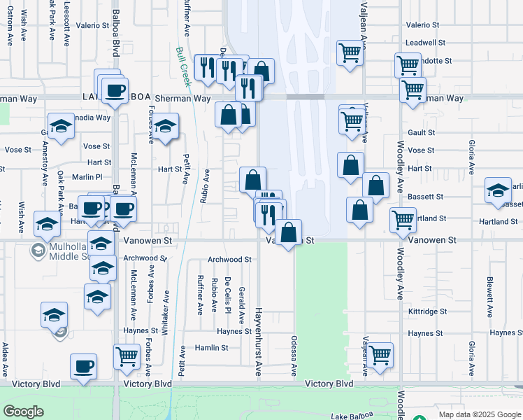 map of restaurants, bars, coffee shops, grocery stores, and more near 6842 Hayvenhurst Avenue in Los Angeles