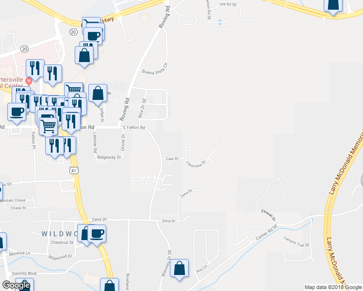 map of restaurants, bars, coffee shops, grocery stores, and more near 9 Clearview Drive in Cartersville