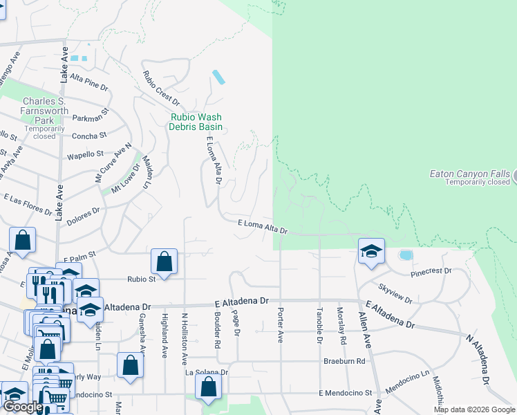 map of restaurants, bars, coffee shops, grocery stores, and more near 2840 Stonehill Drive in Altadena