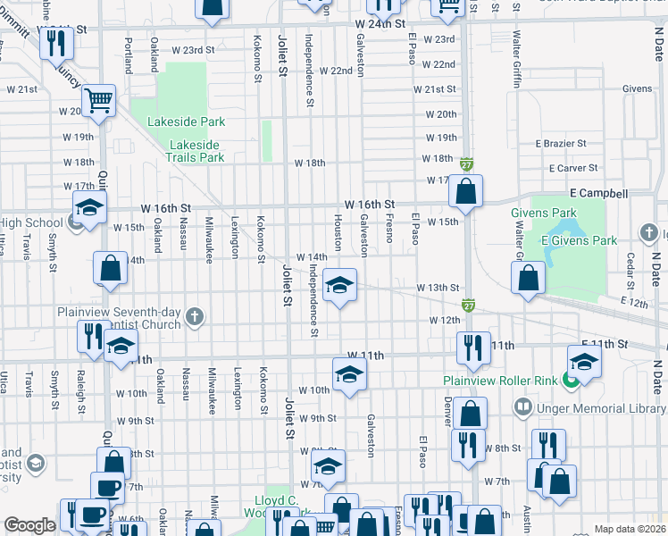 map of restaurants, bars, coffee shops, grocery stores, and more near 1311 Houston in Plainview