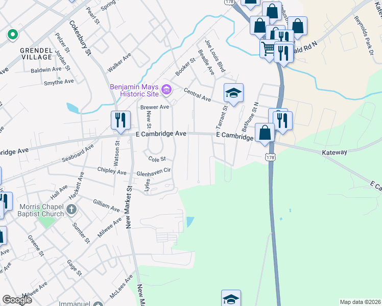 map of restaurants, bars, coffee shops, grocery stores, and more near 117 South University Street in Greenwood