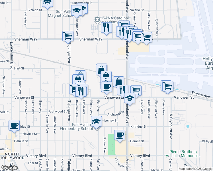 map of restaurants, bars, coffee shops, grocery stores, and more near 11135 Vanowen St in North Hollywood