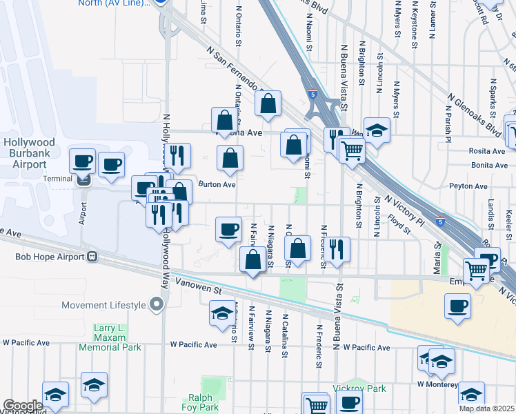 map of restaurants, bars, coffee shops, grocery stores, and more near 2906 Thornton Avenue in Burbank