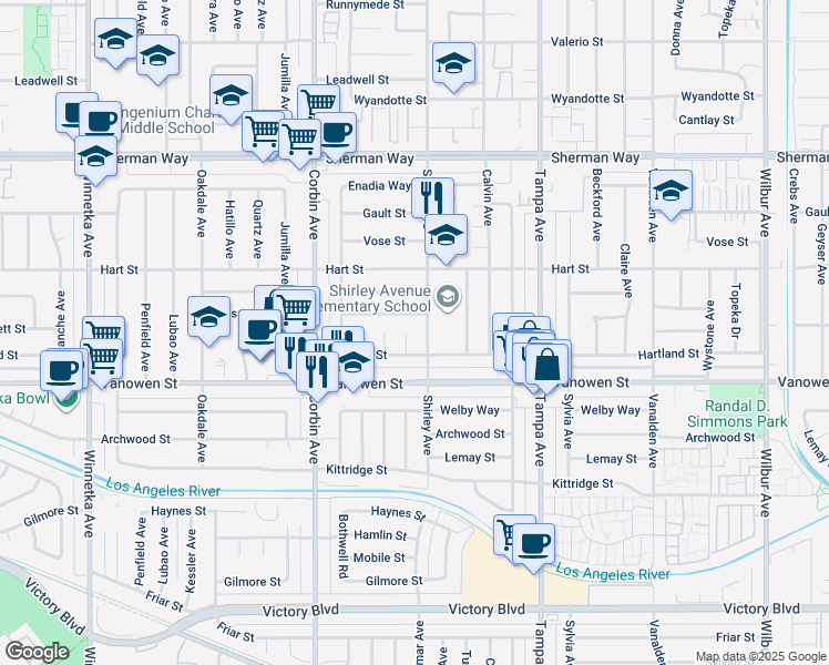 map of restaurants, bars, coffee shops, grocery stores, and more near 6850 Belmar Ave in Los Angeles