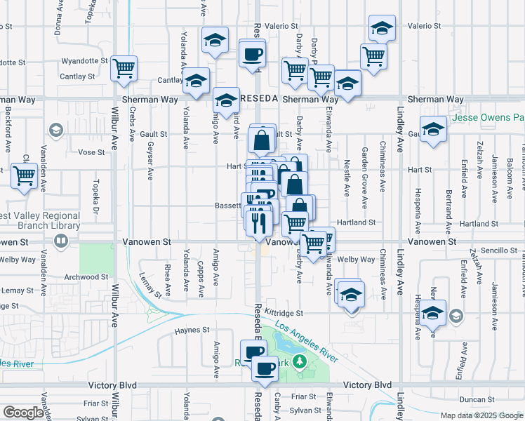 map of restaurants, bars, coffee shops, grocery stores, and more near 6850 Reseda Blvd in Los Angeles