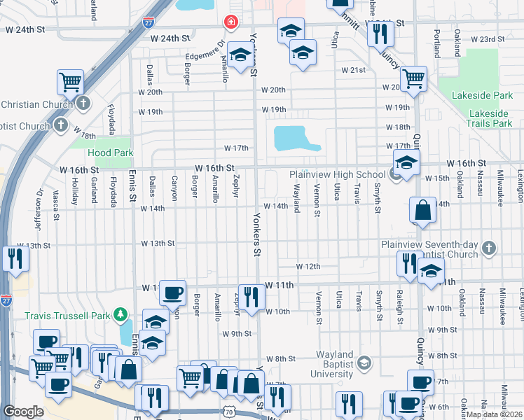 map of restaurants, bars, coffee shops, grocery stores, and more near 1316 Yonkers Street in Plainview