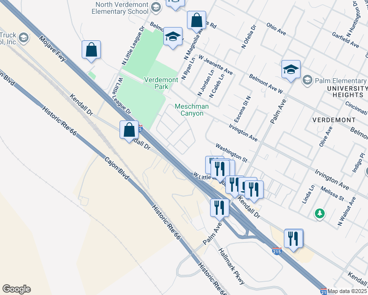 map of restaurants, bars, coffee shops, grocery stores, and more near 3719 West Vinas Lane in San Bernardino