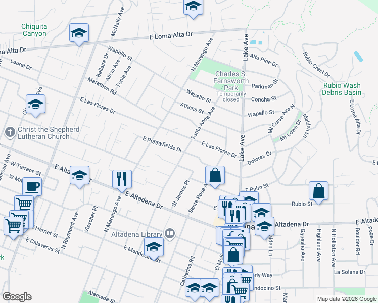 map of restaurants, bars, coffee shops, grocery stores, and more near 2970 Santa Anita Avenue in Altadena