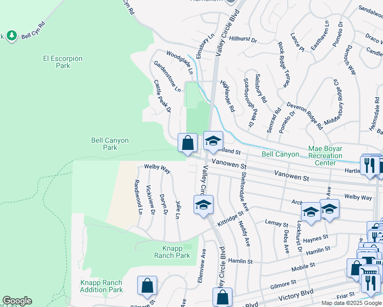 map of restaurants, bars, coffee shops, grocery stores, and more near 24425 Vanowen Street in Los Angeles County