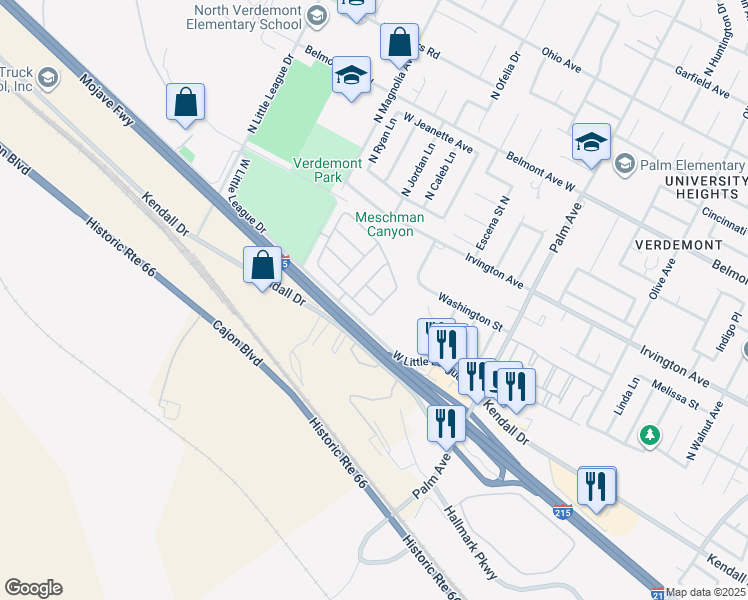 map of restaurants, bars, coffee shops, grocery stores, and more near 3719 West Vinas Lane in San Bernardino