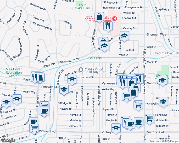 map of restaurants, bars, coffee shops, grocery stores, and more near 6928 Melba Avenue in Los Angeles
