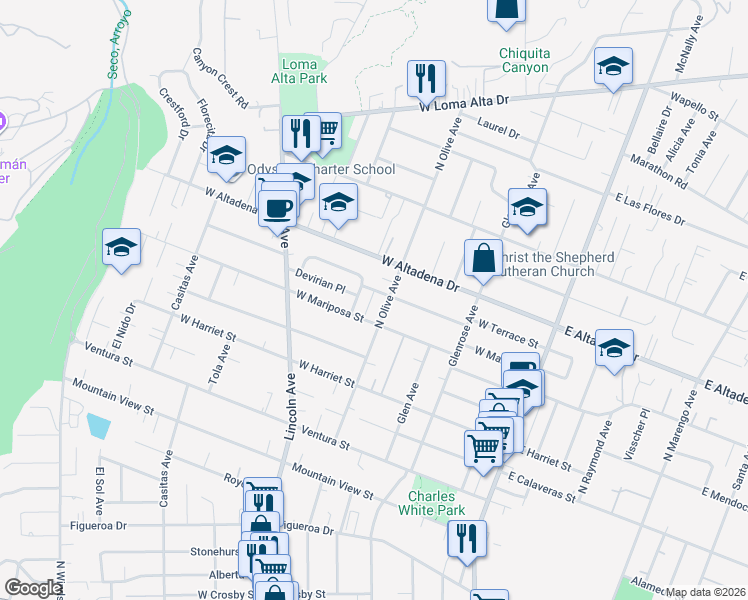 map of restaurants, bars, coffee shops, grocery stores, and more near 2912 Wagner Court in Altadena