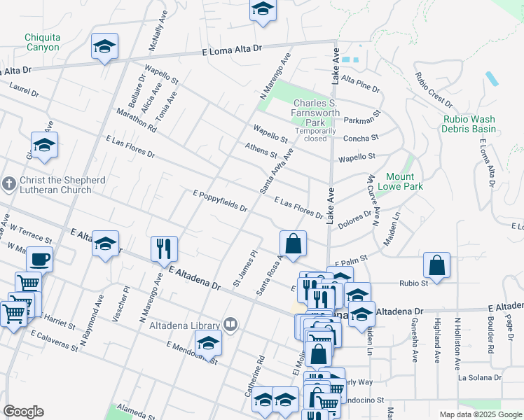 map of restaurants, bars, coffee shops, grocery stores, and more near 523 East Poppyfields Drive in Altadena