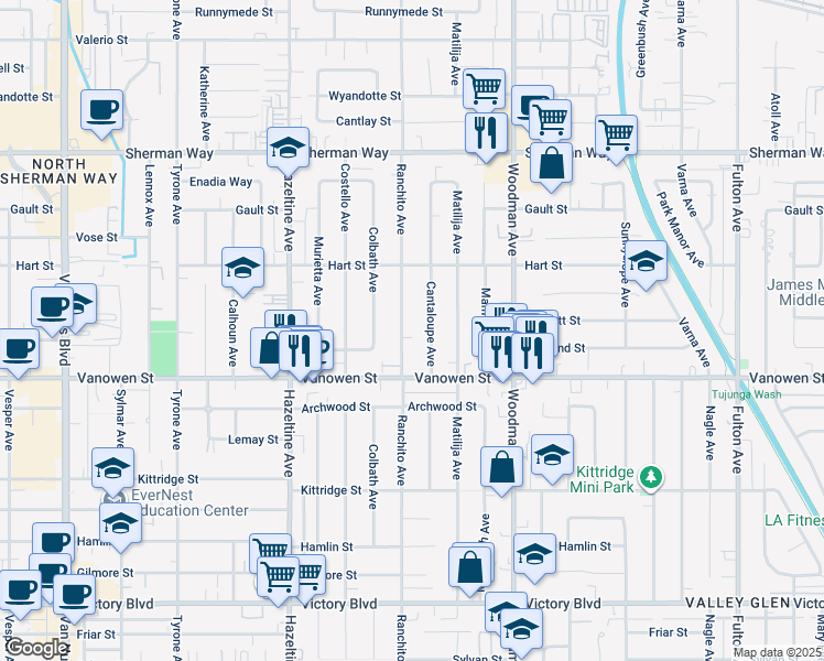 map of restaurants, bars, coffee shops, grocery stores, and more near 6856 Ranchito Avenue in Los Angeles