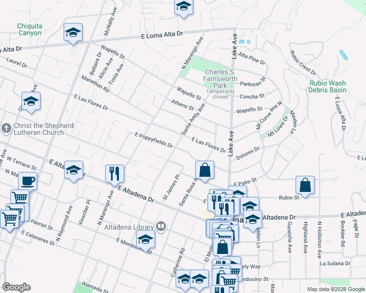 map of restaurants, bars, coffee shops, grocery stores, and more near 2970 Santa Anita Avenue in Altadena