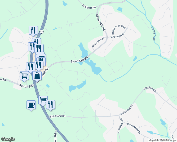 map of restaurants, bars, coffee shops, grocery stores, and more near 4610 Blakeford Court in Flowery Branch