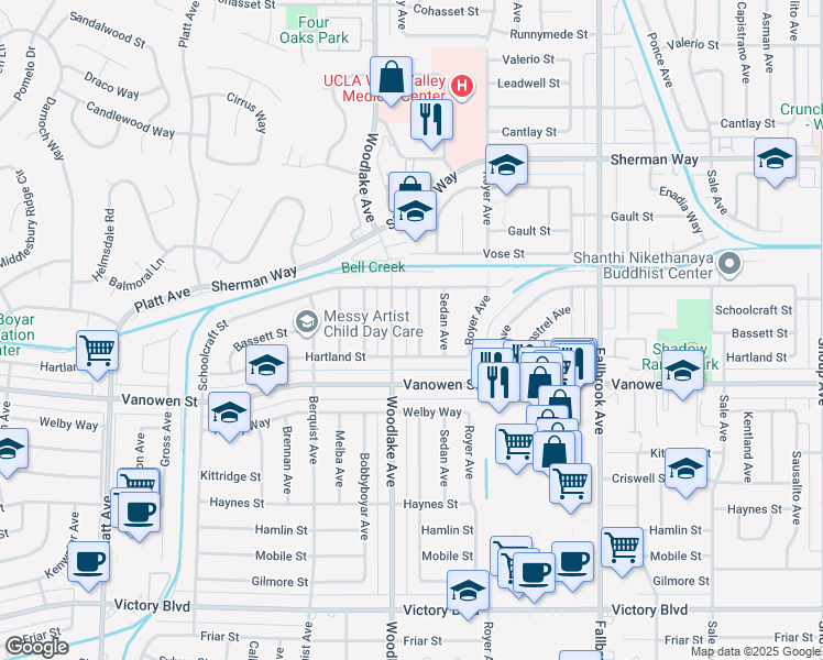 map of restaurants, bars, coffee shops, grocery stores, and more near 6929 Dannyboyar Avenue in Los Angeles