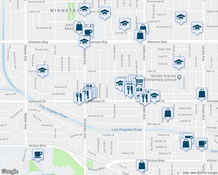 map of restaurants, bars, coffee shops, grocery stores, and more near 6858 Lubao Avenue in Los Angeles