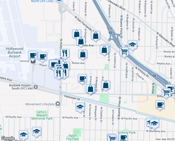 map of restaurants, bars, coffee shops, grocery stores, and more near 3030 Thornton Avenue in Burbank