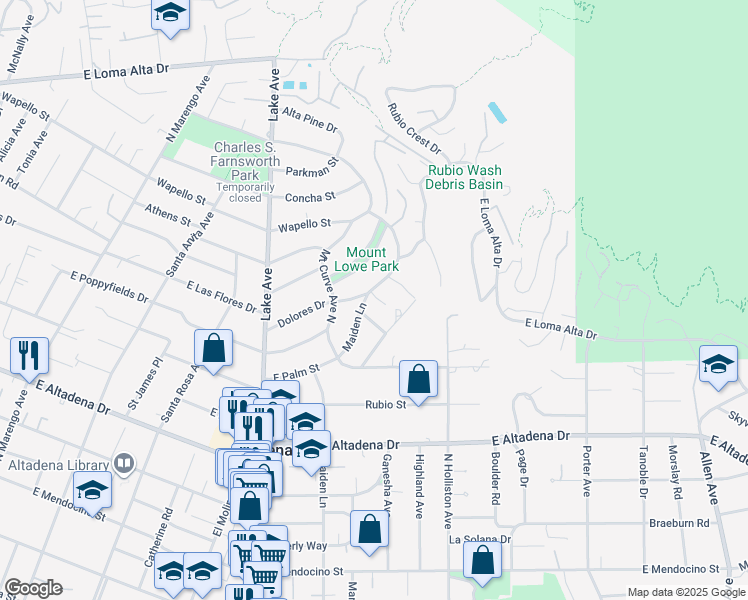 map of restaurants, bars, coffee shops, grocery stores, and more near 2950 Maiden Lane in Altadena