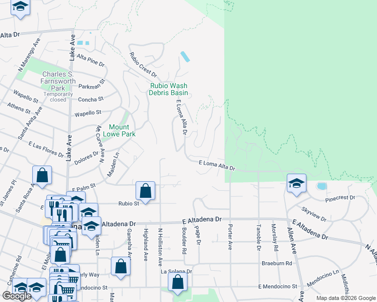 map of restaurants, bars, coffee shops, grocery stores, and more near 1369 East Loma Alta Drive in Altadena