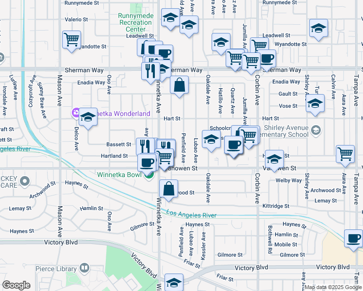 map of restaurants, bars, coffee shops, grocery stores, and more near 6857 Penfield Avenue in Los Angeles
