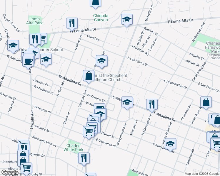 map of restaurants, bars, coffee shops, grocery stores, and more near 16 West Pine Street in Altadena