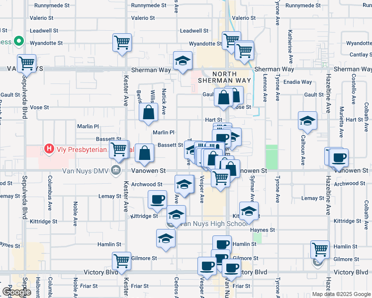 map of restaurants, bars, coffee shops, grocery stores, and more near 6853 Tobias Avenue in Los Angeles