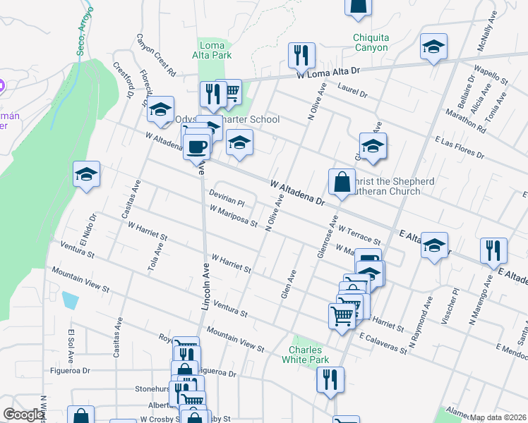 map of restaurants, bars, coffee shops, grocery stores, and more near 2912 Wagner Court in Altadena