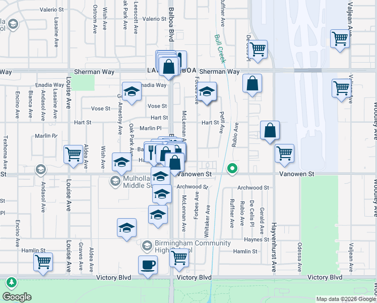 map of restaurants, bars, coffee shops, grocery stores, and more near 6852 McLennan Avenue in Los Angeles