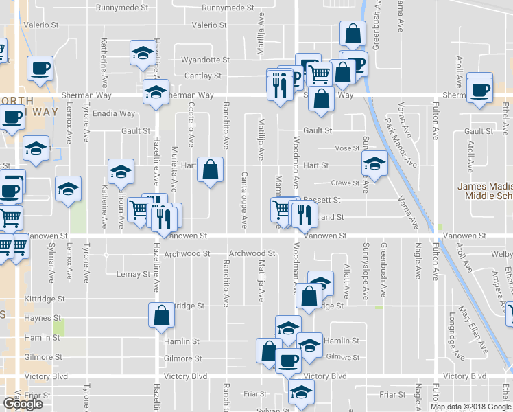 map of restaurants, bars, coffee shops, grocery stores, and more near 6853 Matilija Avenue in Los Angeles