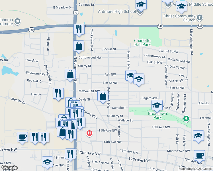 map of restaurants, bars, coffee shops, grocery stores, and more near 1809 Robison Street Northwest in Ardmore