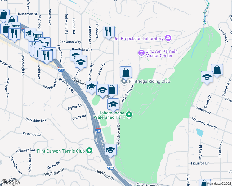 map of restaurants, bars, coffee shops, grocery stores, and more near 4520 Viro Road in La Cañada Flintridge