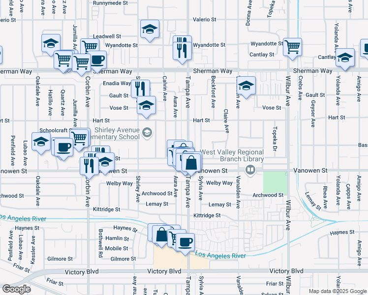 map of restaurants, bars, coffee shops, grocery stores, and more near 6855 Tampa Avenue in Los Angeles