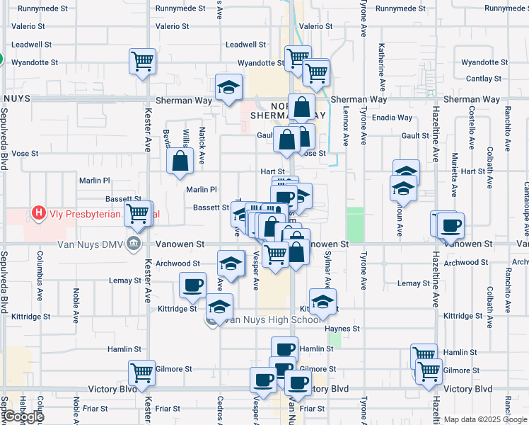 map of restaurants, bars, coffee shops, grocery stores, and more near 14547 Hartland Street in Los Angeles