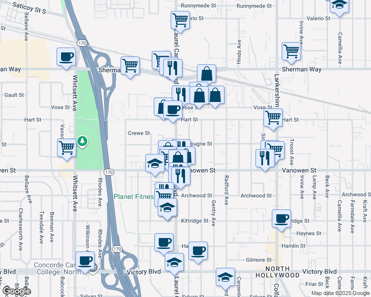 map of restaurants, bars, coffee shops, grocery stores, and more near 6856 Agnes Avenue in Los Angeles