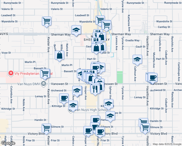 map of restaurants, bars, coffee shops, grocery stores, and more near 14547 Hartland Street in Los Angeles