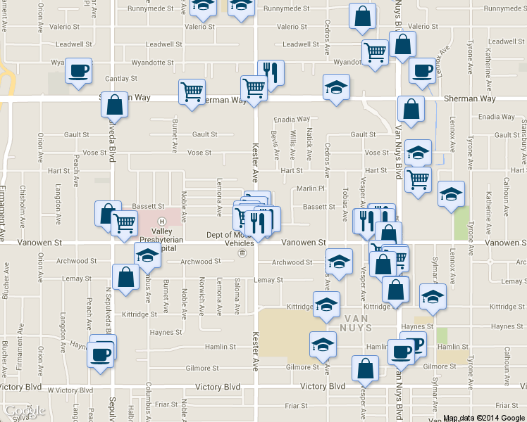 map of restaurants, bars, coffee shops, grocery stores, and more near 6849 Bevis Avenue in Los Angeles