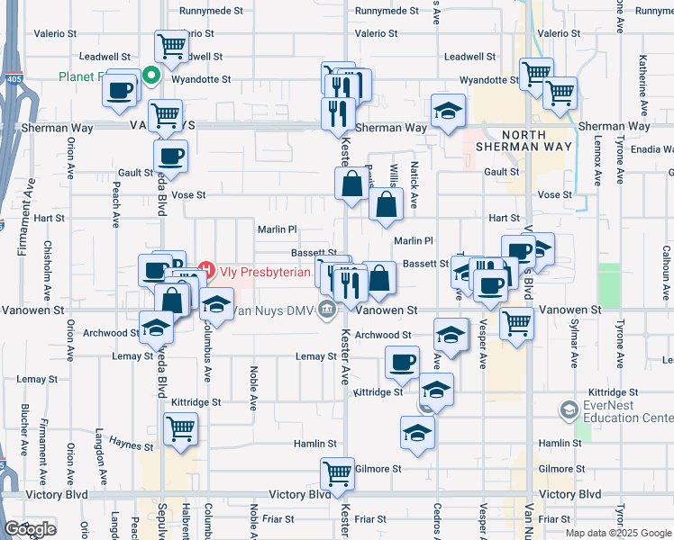 map of restaurants, bars, coffee shops, grocery stores, and more near 14913 Hartland Street in Los Angeles