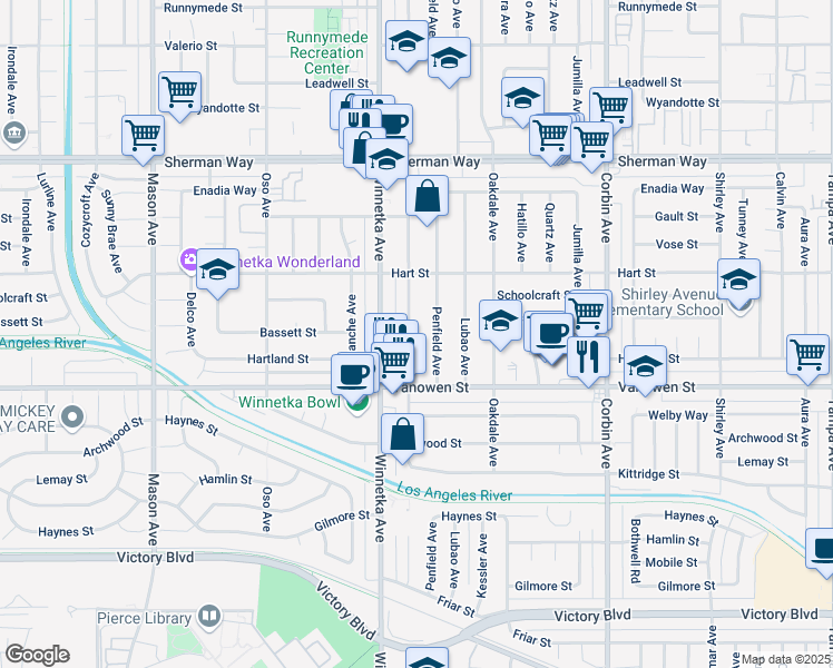 map of restaurants, bars, coffee shops, grocery stores, and more near 6857 Penfield Avenue in Los Angeles