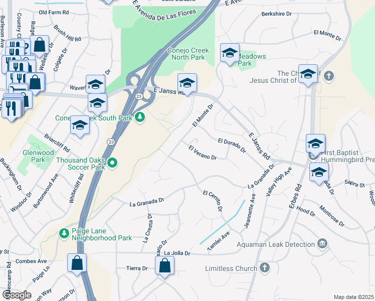 map of restaurants, bars, coffee shops, grocery stores, and more near 1456 El Verano Drive in Thousand Oaks